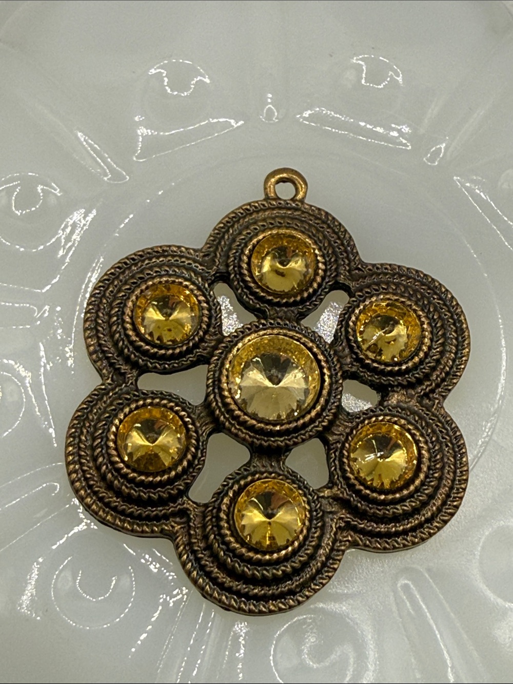 Vintage-Inspired Brassy Pendant with Golden Rhinestones charm statement piece